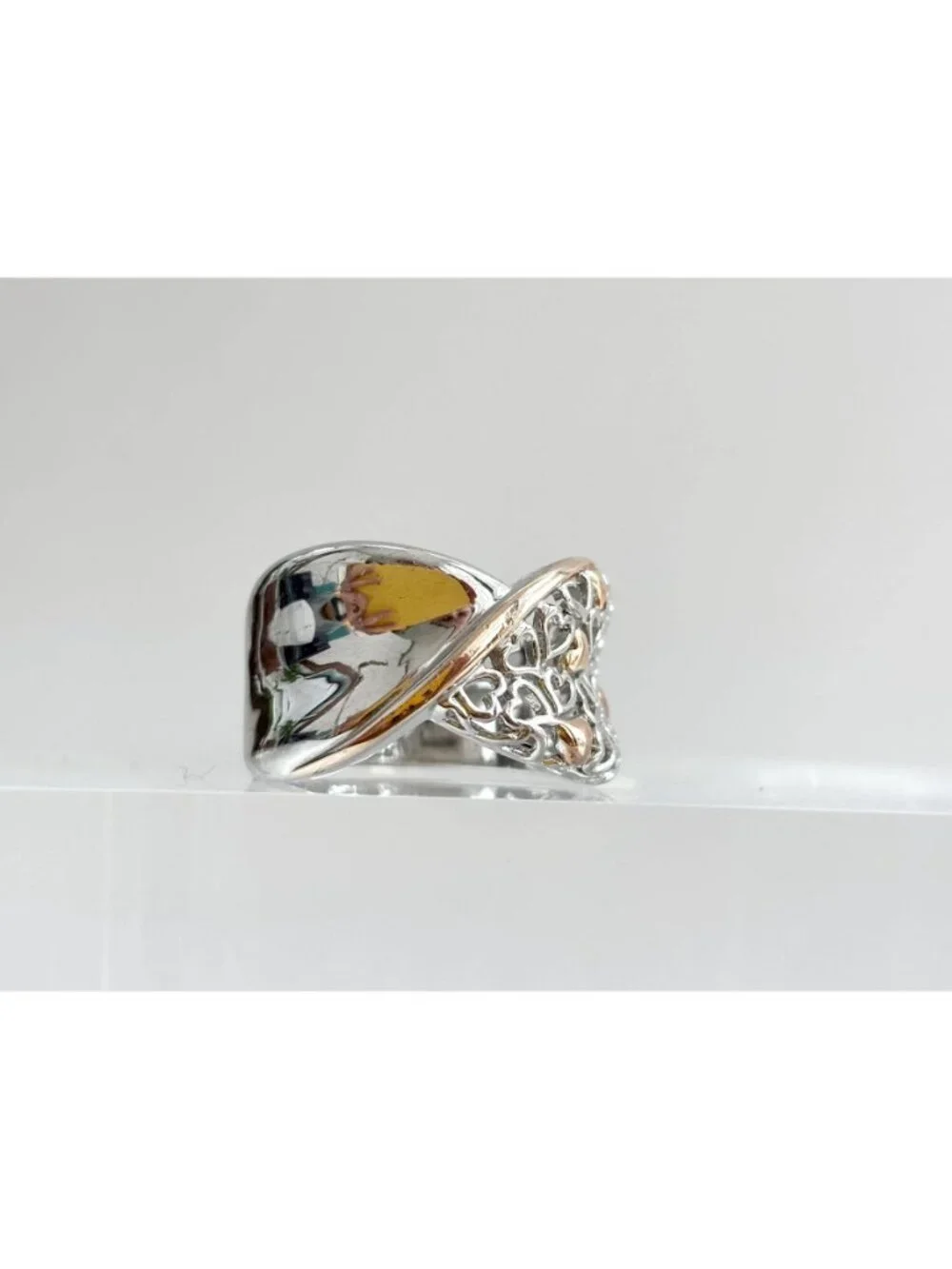 Dual Toned Gold Overlay Heart Crossover Sterling Silver 925 Vintage Ring sz 7.25